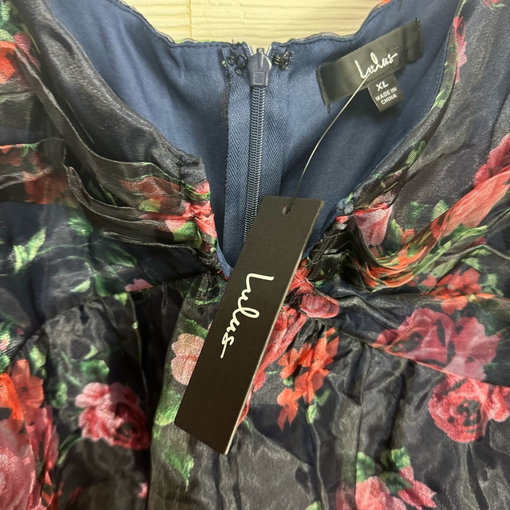 Lulus‎ Sweetly Flirty Navy Blue Floral Organza Puff Sleeve Mini Dress - Picture 7 of 8